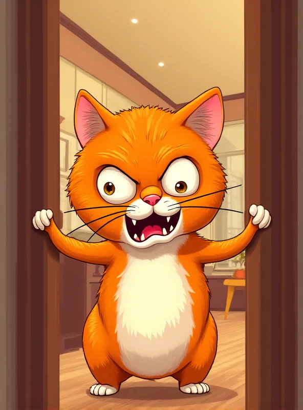 Cartoon depiction of an angry, hissing cat blocking a doorway.