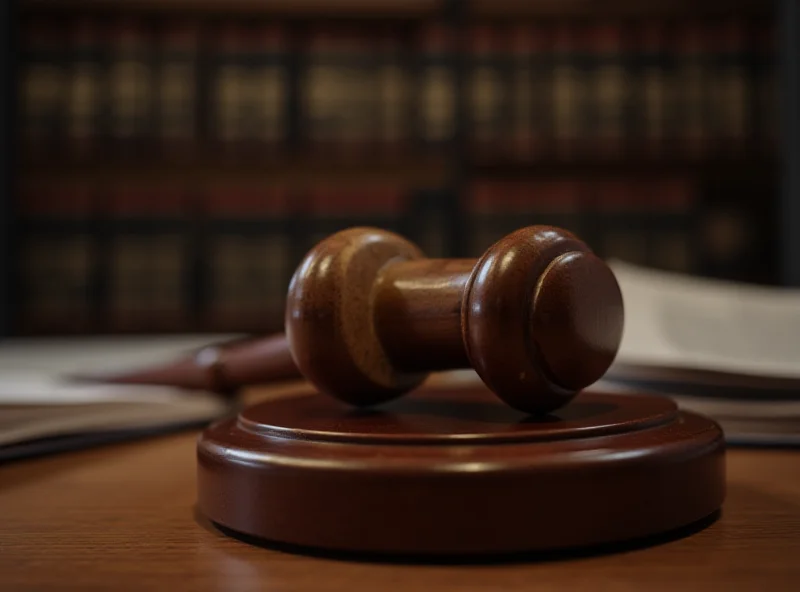 A gavel on a wooden sounding block in a courtroom setting.