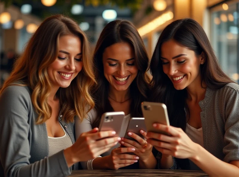 Three people looking at their phones and smiling.