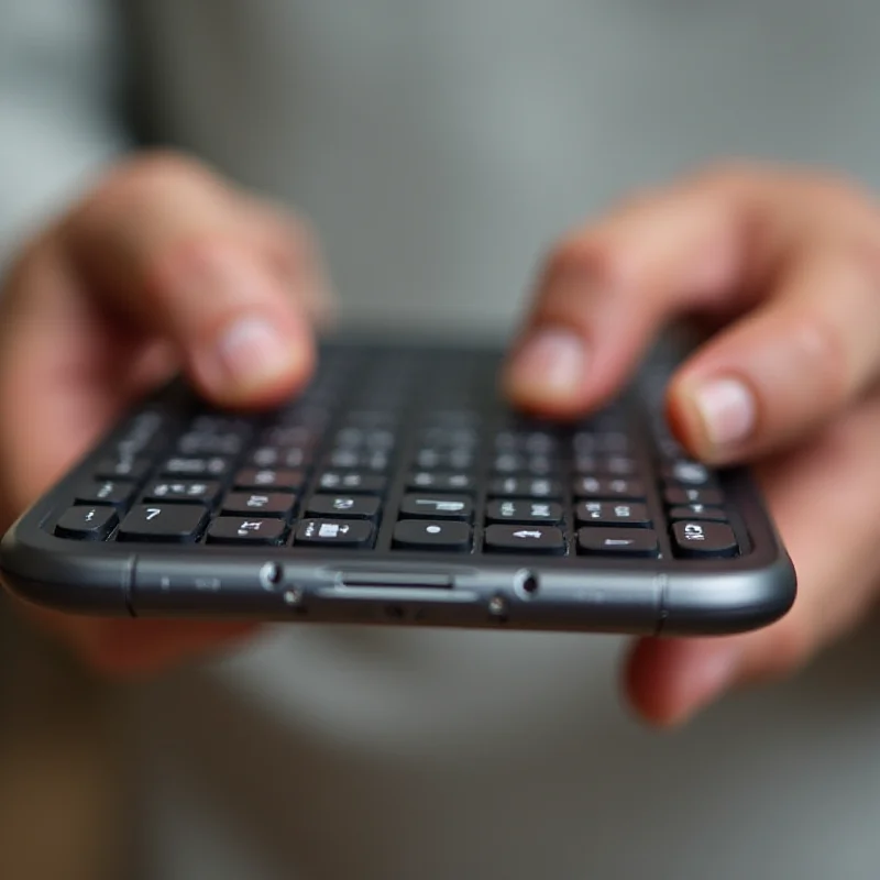 Close-up of fingers typing on a physical keyboard attached to a smartphone.