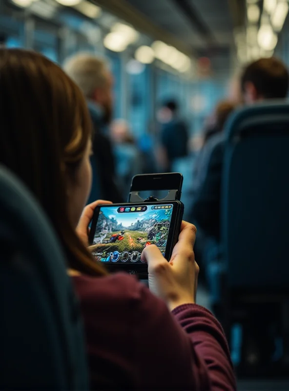 A person playing a mobile game on their phone while on a train, showcasing the convenience of offline gaming.