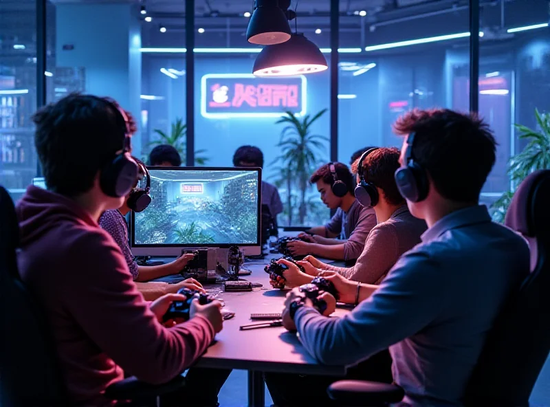 A diverse group of gamers are collaboratively playtesting a new video game in a brightly lit, modern game development studio. The scene captures the energy and excitement of playtesting, with developers observing and taking notes.