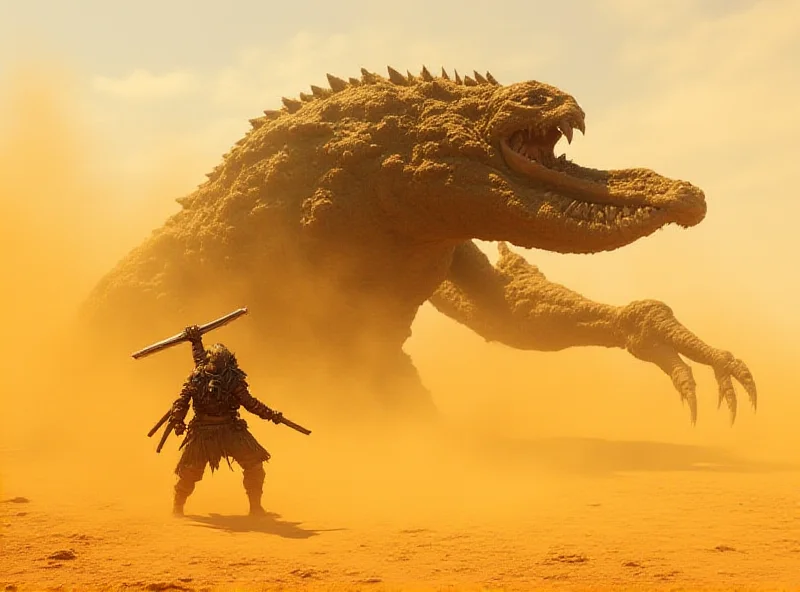 Gameplay scene from Monster Hunter Wilds showing a hunter battling a large monster in a desert environment.