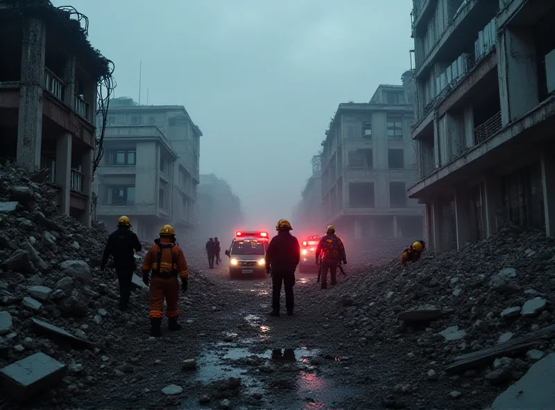 Firefighters searching through rubble after gas explosion.