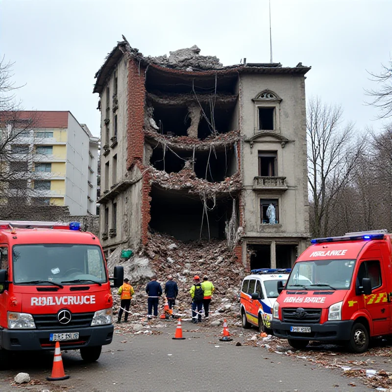 Collapsed building with emergency vehicles on the scene.