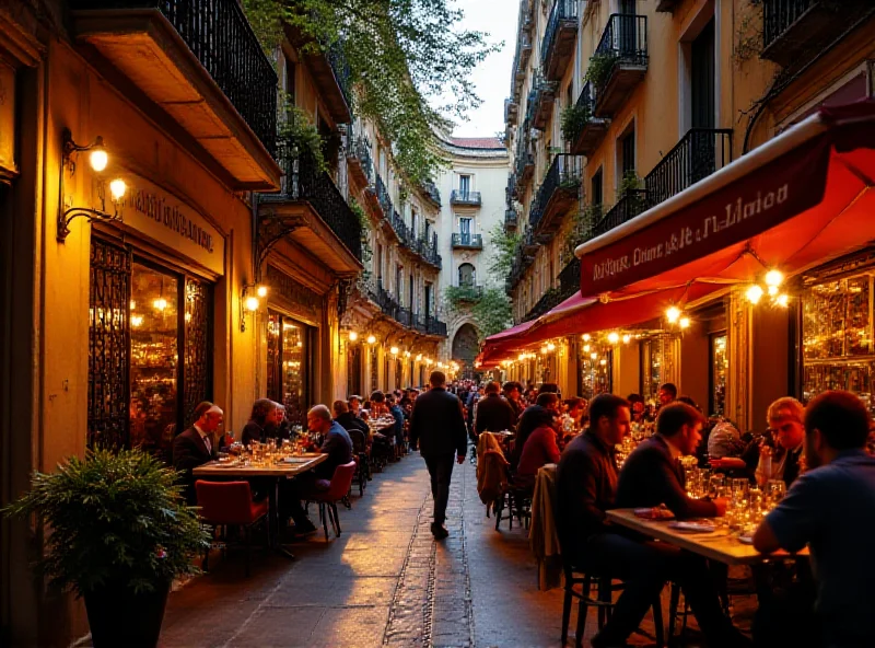 A vibrant street scene in Madrid with people dining outdoors at a restaurant