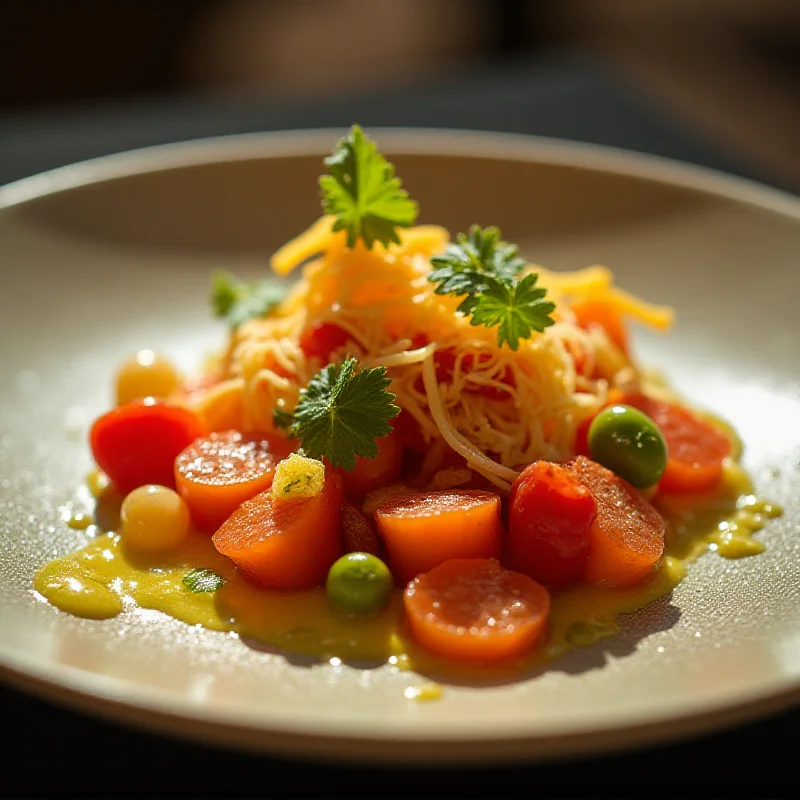 A close-up of a colorful and artistic dish served at a modern restaurant in Madrid
