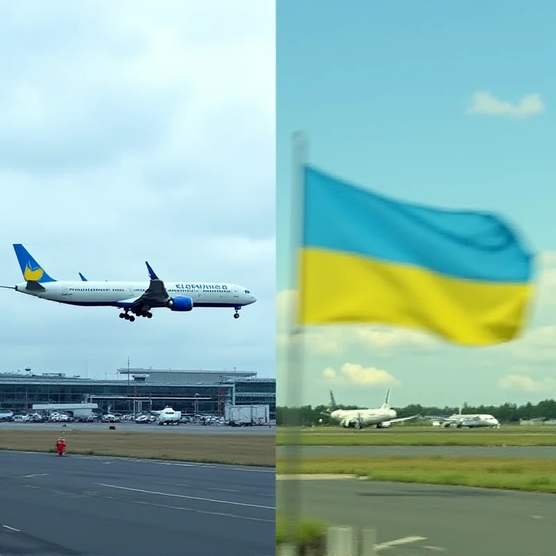 A split image showing Gatwick Airport on one side and Ukrainian flag on the other