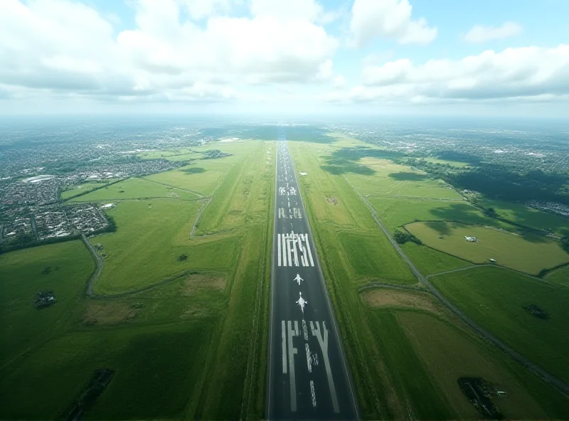 Aerial view of Gatwick Airport with planes on the runway and surrounding landscape