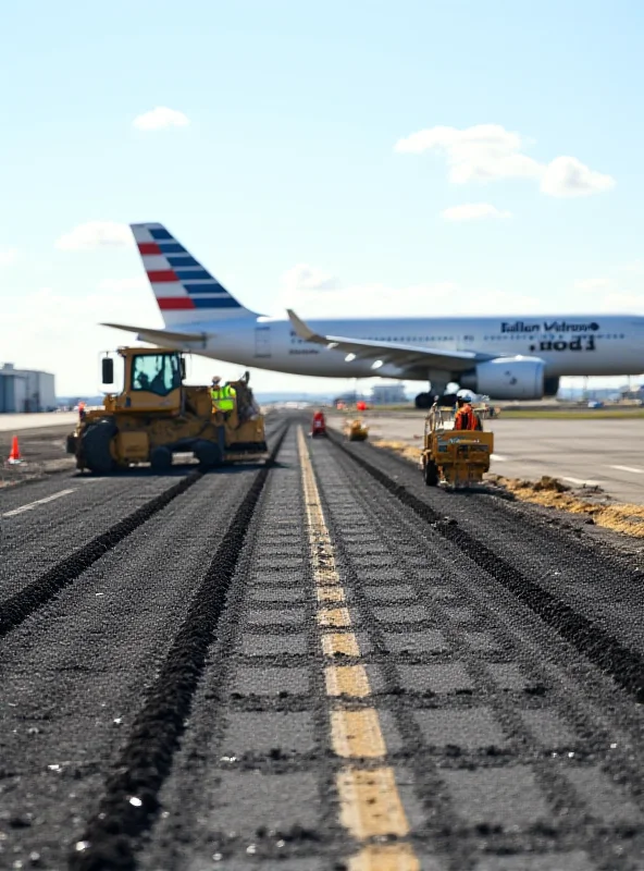 Construction workers and heavy machinery working on an airport runway