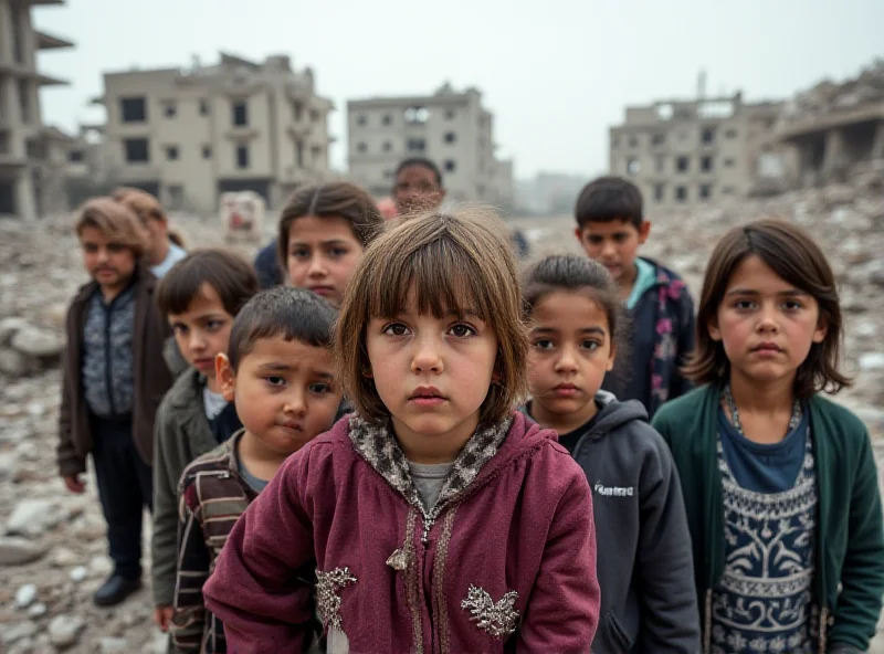 A group of people, including children, standing in front of damaged buildings in Gaza. They appear distressed and are looking towards the camera. The background shows rubble and partially destroyed structures, indicating the aftermath of conflict.