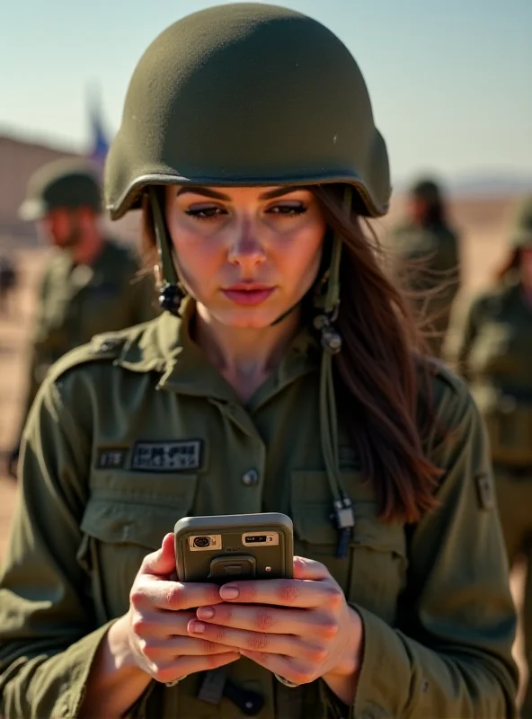 Israeli soldier using a mobile phone in a military setting.