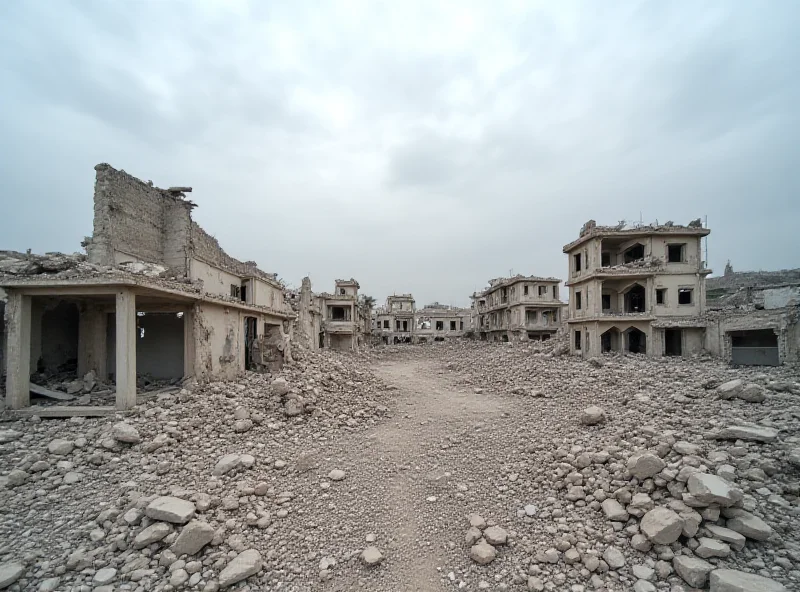 A destroyed building in Gaza, rubble and debris are scattered everywhere.
