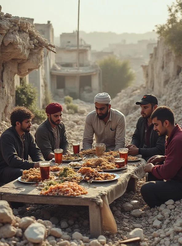 Image of a Palestinian family sitting amongst rubble during Ramadan.