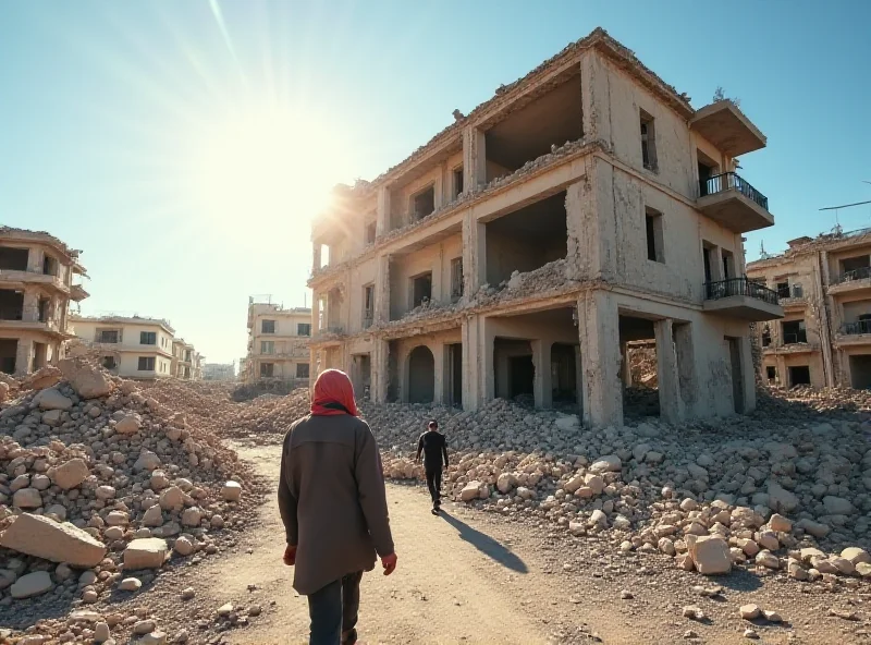 A destroyed building in Gaza with people walking by, during the day.