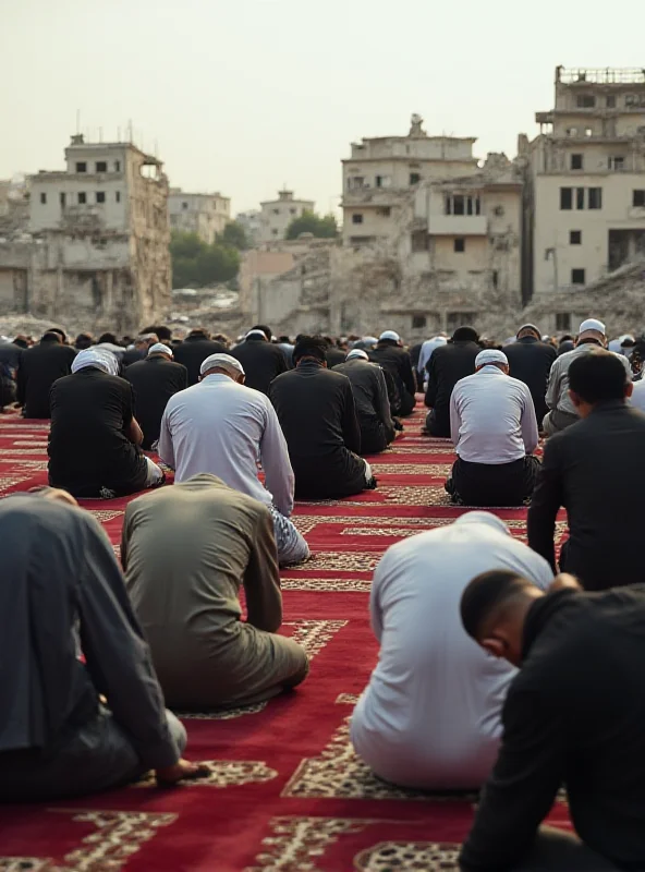 A group of people praying together outside in Gaza during Ramadan.