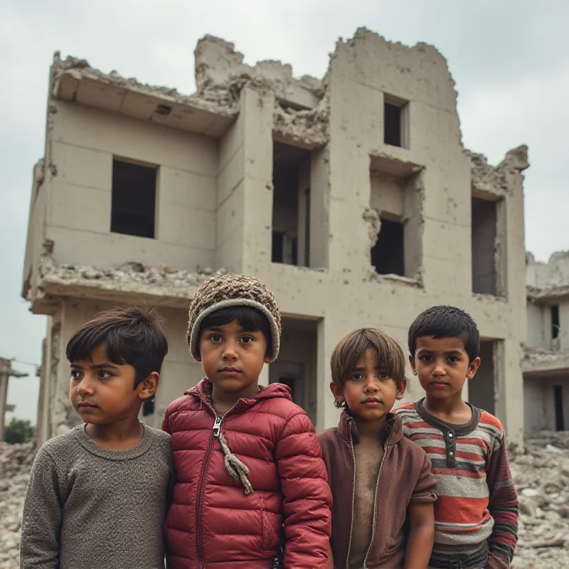 A group of children standing in front of a bombed-out building in Gaza.