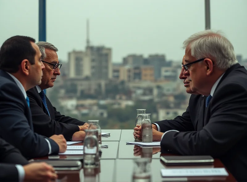 A tense negotiation scene between Israeli and Palestinian representatives, with a backdrop of the Gaza skyline.