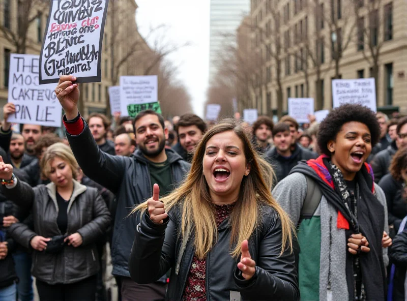 A diverse group of students protesting outside Columbia University, holding signs and chanting slogans related to the Israeli-Palestinian conflict.