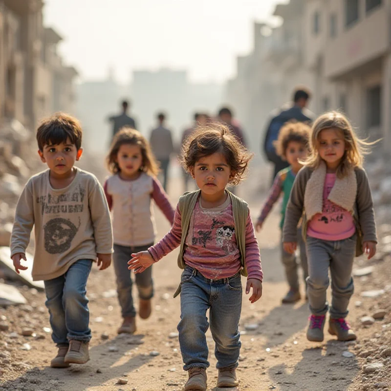 A group of children playing amidst the rubble in Gaza, with aid workers visible in the background.