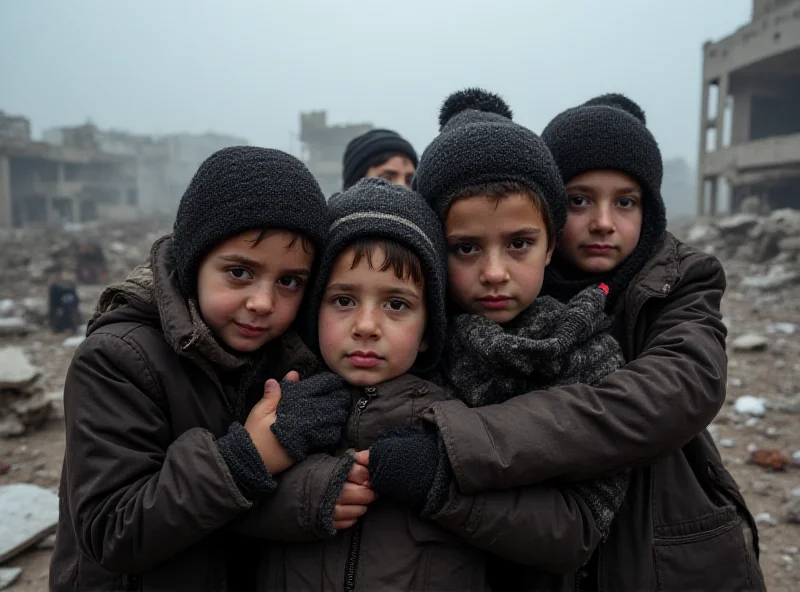 A group of Palestinian children huddled together for warmth in a cold, impoverished environment in Gaza.