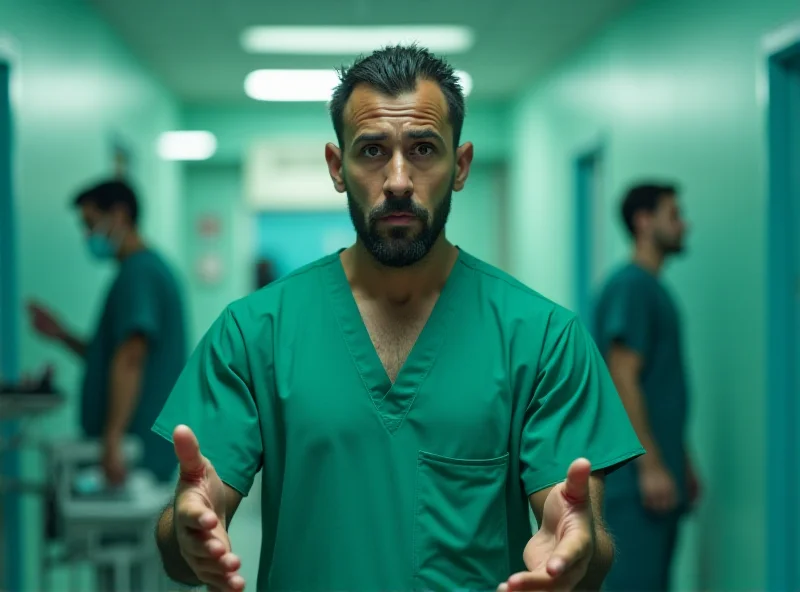 A doctor in scrubs looking distressed in a hospital setting.