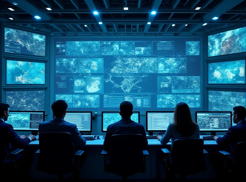 A high-tech surveillance center with multiple screens displaying data and maps.