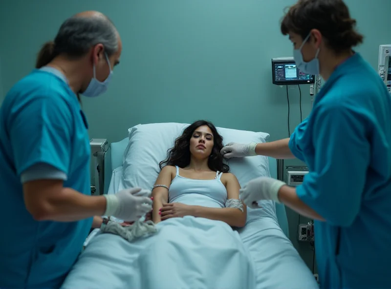 A woman recovering in a hospital bed, with doctors attending to her injured hand and leg.