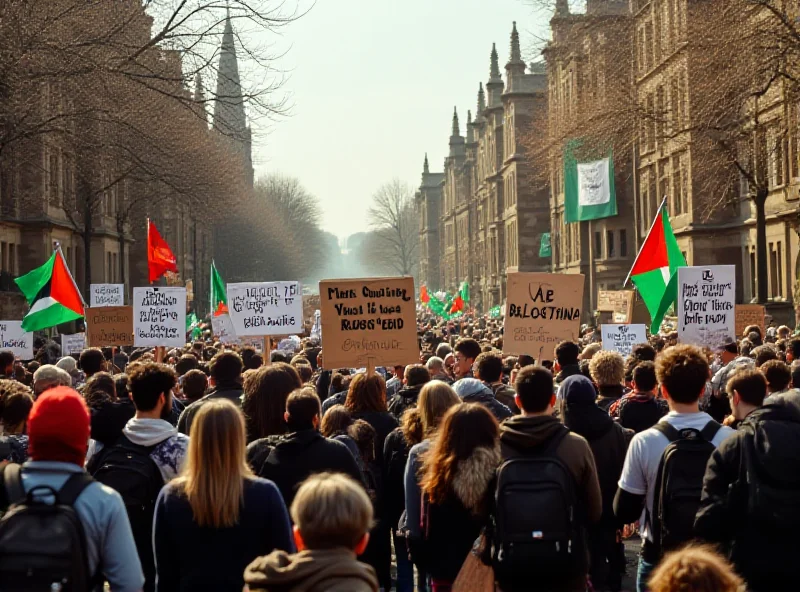 A crowded university campus with students holding signs and banners during a pro-Gaza protest.
