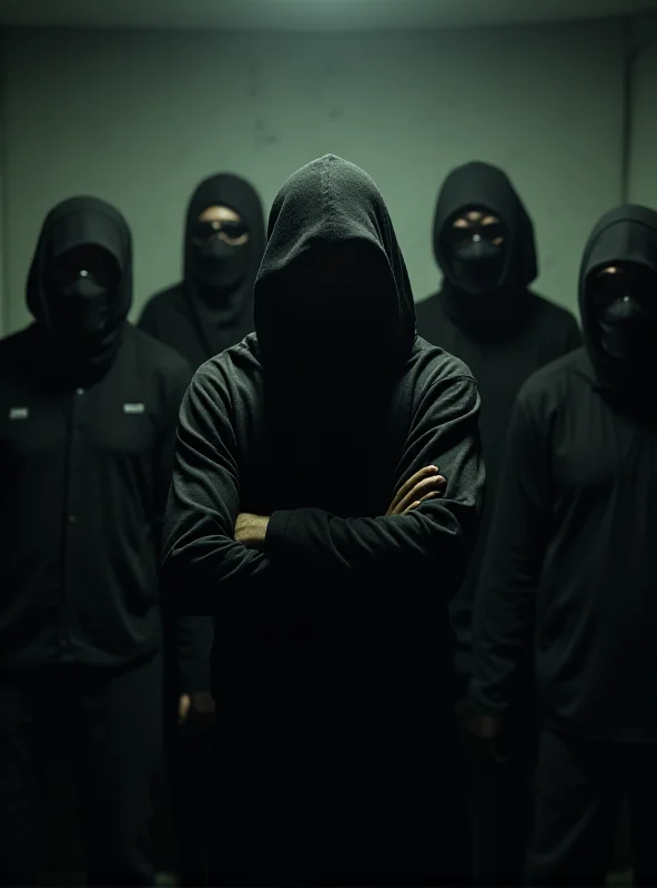 A dimly lit room with masked Hamas fighters standing behind hostages.