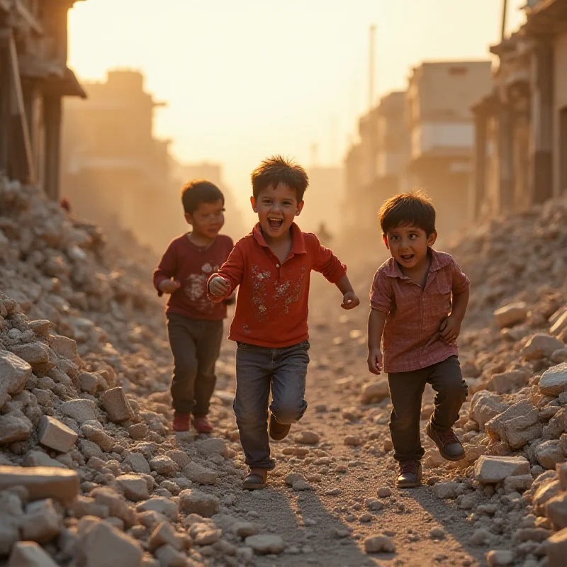 Palestinian children playing amidst the rubble of destroyed buildings in Gaza.