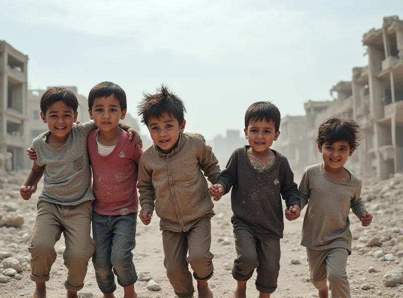 Palestinian children playing amidst rubble in Gaza.