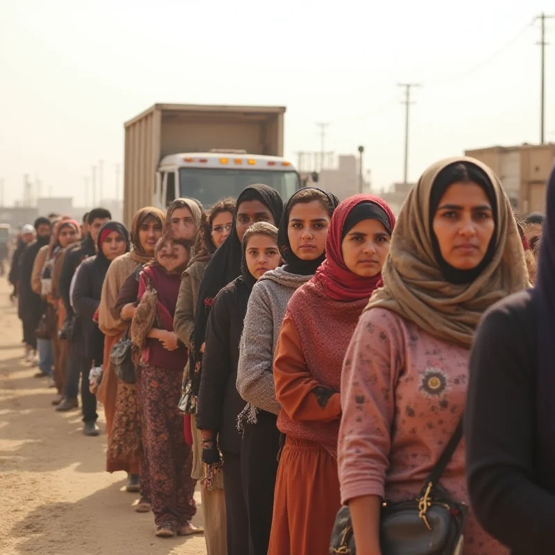 A long line of people waiting for food aid in Gaza.