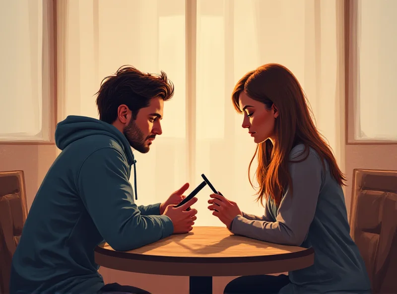 Illustration of a young couple looking at their phones instead of each other, symbolizing the impact of social media on dating.