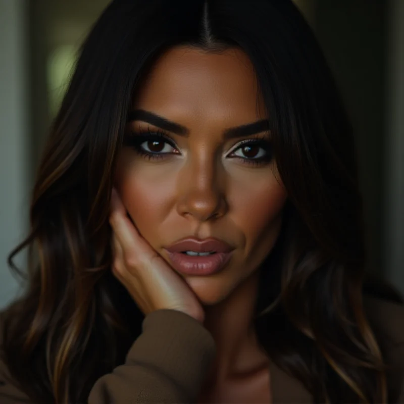 A portrait of Khloe Kardashian looking thoughtful, with a slightly somber expression.