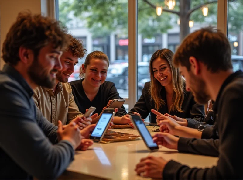 Young adults using the Yope app on their smartphones, laughing and engaging with each other.