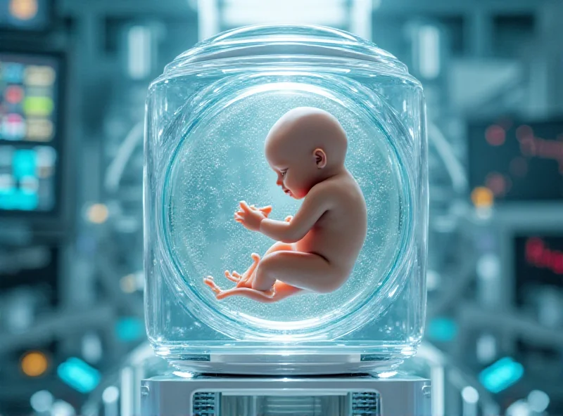 A futuristic depiction of an artificial womb, with a baby developing inside a clear, sterile environment.