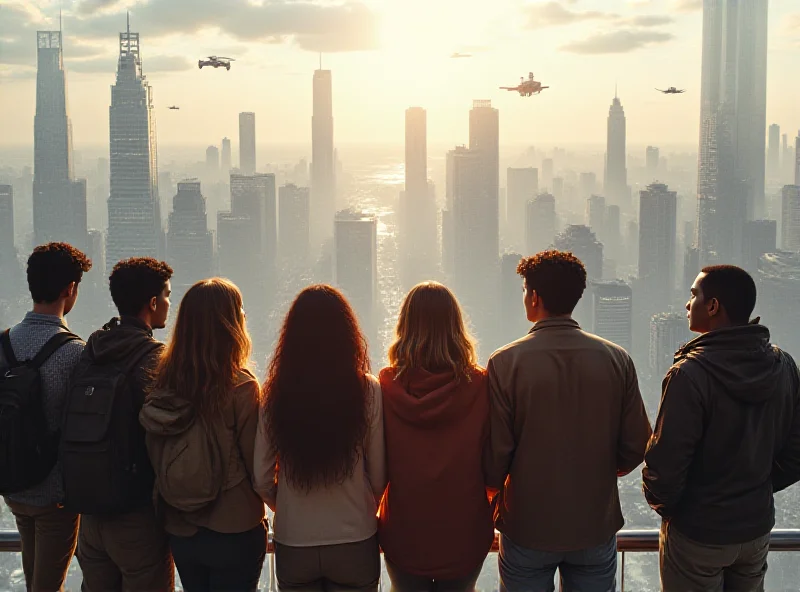 Diverse group of young adults looking at a futuristic cityscape, symbolizing the future generation.