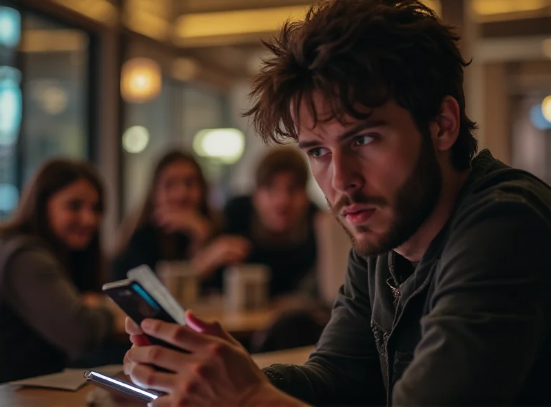 A young person looking thoughtfully at their phone, with a blurred background of people interacting in real life.