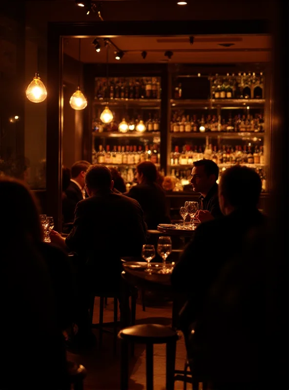 A dimly lit wine bar in London with people enjoying glasses of wine and engaging in conversation.