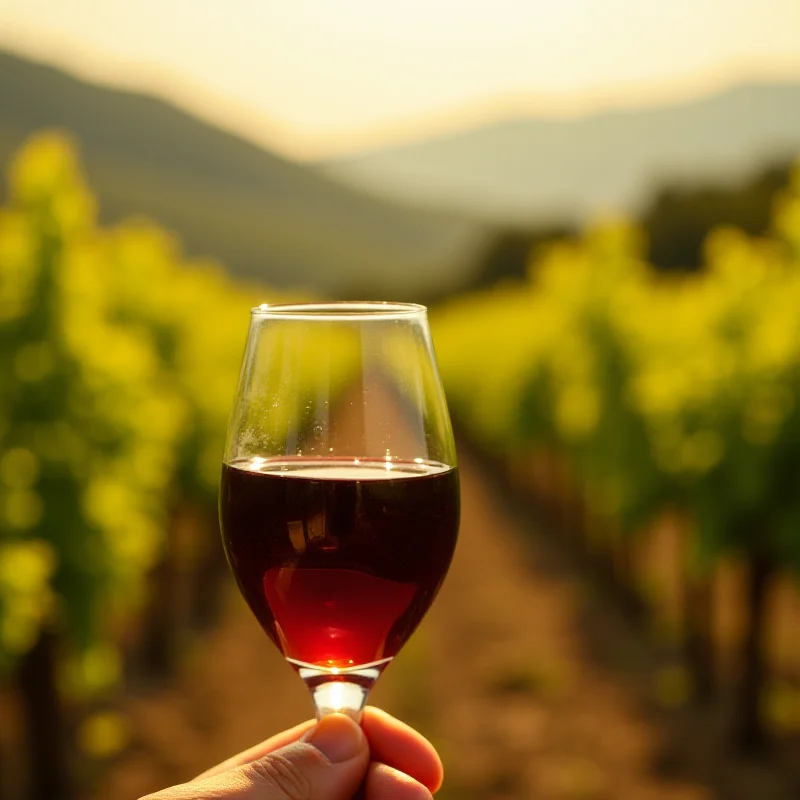 Close-up of a glass of dark red Xinomavro wine, with a vineyard in the background.