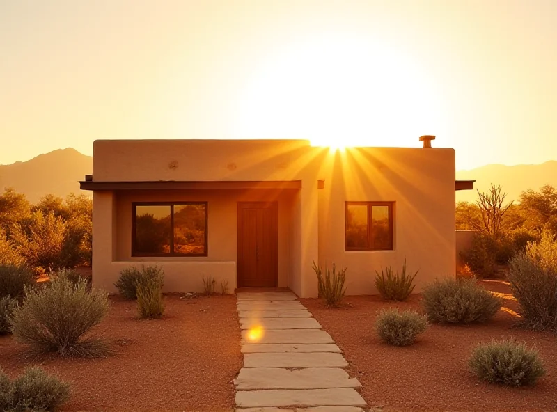Exterior of a modern adobe-style home in New Mexico, bathed in the warm light of the setting sun.