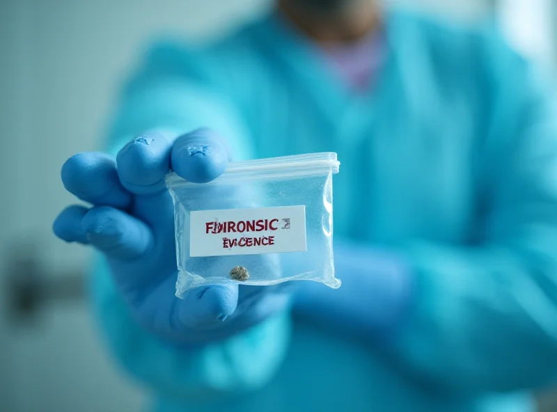 A close-up photograph of a medical examiner's gloved hand holding a small evidence bag with the words 'FORENSIC EVIDENCE' printed on it.