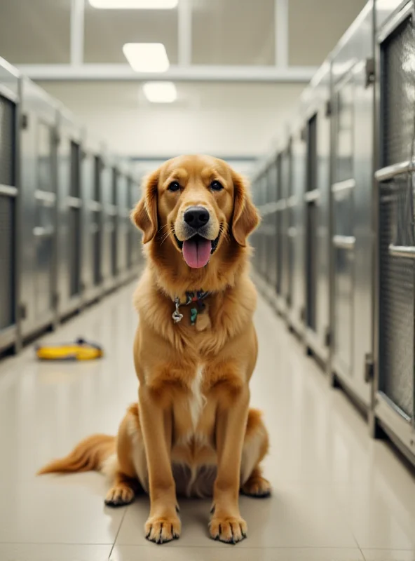 A golden retriever dog sitting in a pet care facility.