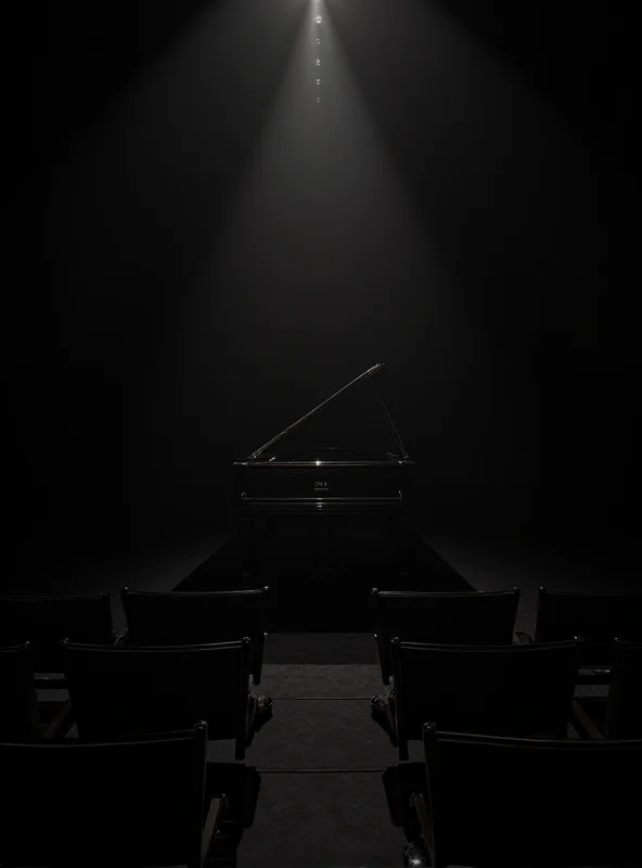 A grand piano in a dimly lit concert hall.