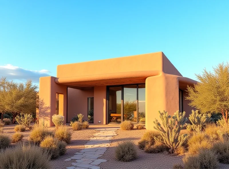 Exterior shot of a modern house in the desert landscape of New Mexico