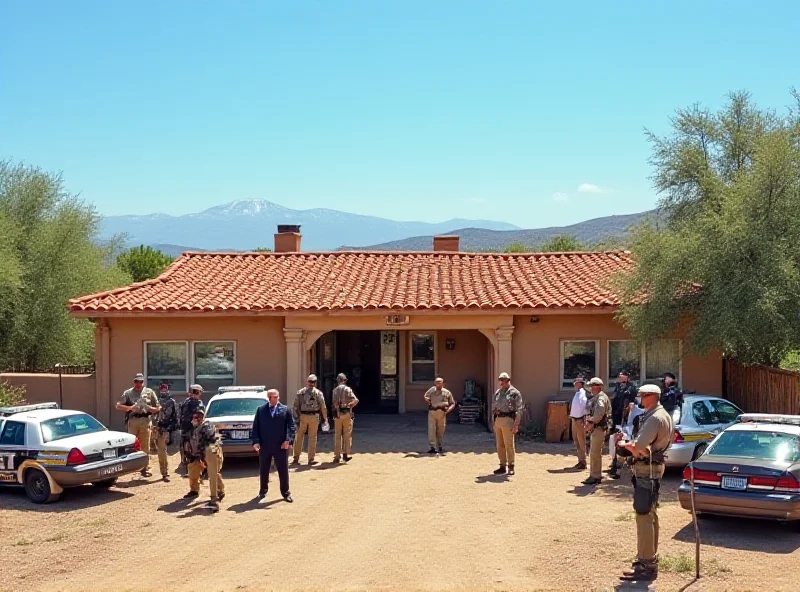 Exterior of Gene Hackman's house in Santa Fe, New Mexico, surrounded by police officers and sheriff's vehicles