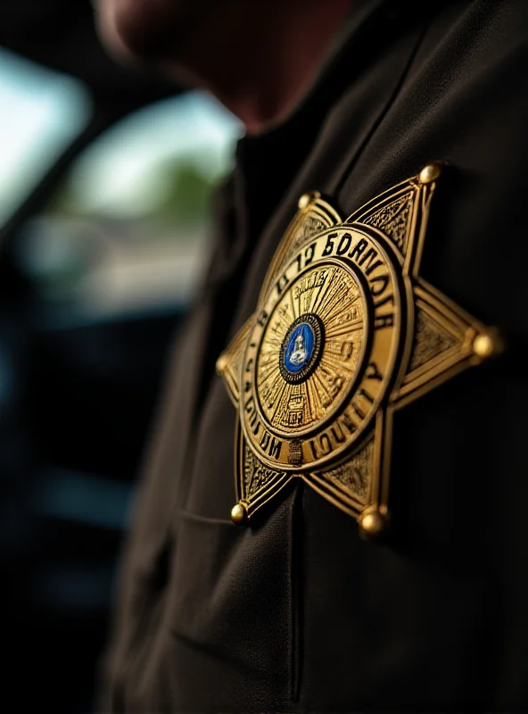 Close-up of a sheriff's badge and uniform, symbolizing the ongoing police investigation