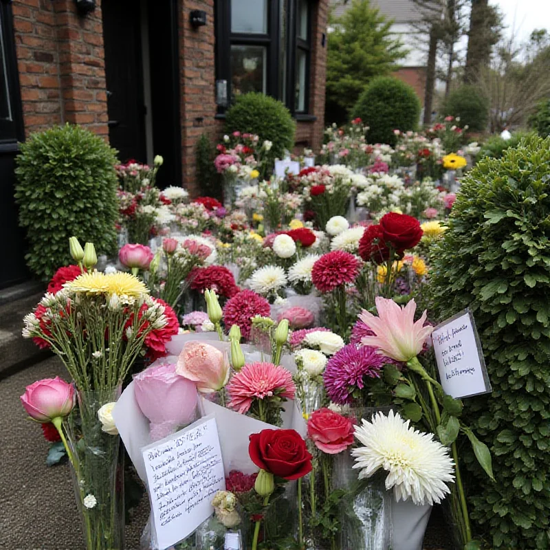 A somber scene of flowers and tributes left outside the home of Gene Hackman and Betsy Arakawa, showing public mourning