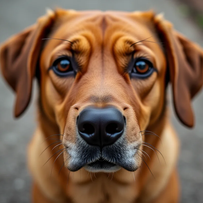 A close-up of a dog's face, looking sad